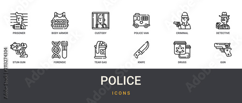 Canvastavla Set of 12 outline web Police icons such as gun, drugs, knife, tear gas, forensic