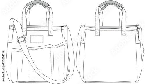 Casual Shopping Bag Flat Sketch Front and Back View Blueprint