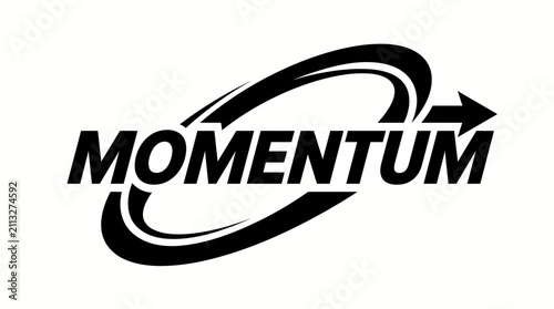 Fotografía Black and white logo featuring the word MOMENTUM encircled by a dynamic oval shape with an arrow indicating forward motion