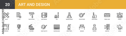 Set of 20 outline web Art and Design icons such as apron, creative design, painter, museum, spray paint, watercolors, paint palette vector icons for report, presentation, diagram, web design, mobile