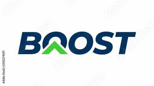 Foto A close-up view of the Boost logo, featuring dark blue text with a green upward-pointing arrow replacing the second 'O' on a white background