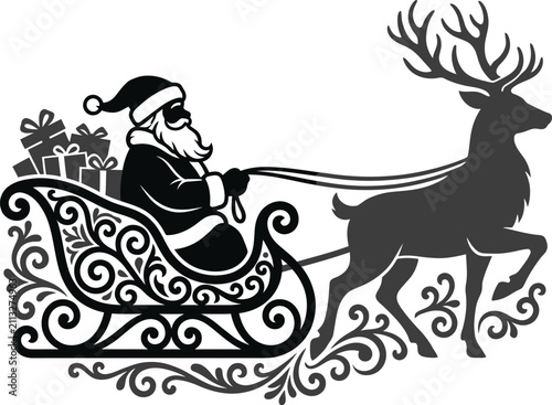 Silhouette of santa claus in a sleigh pulled by a reindeer, laden with gifts christmas