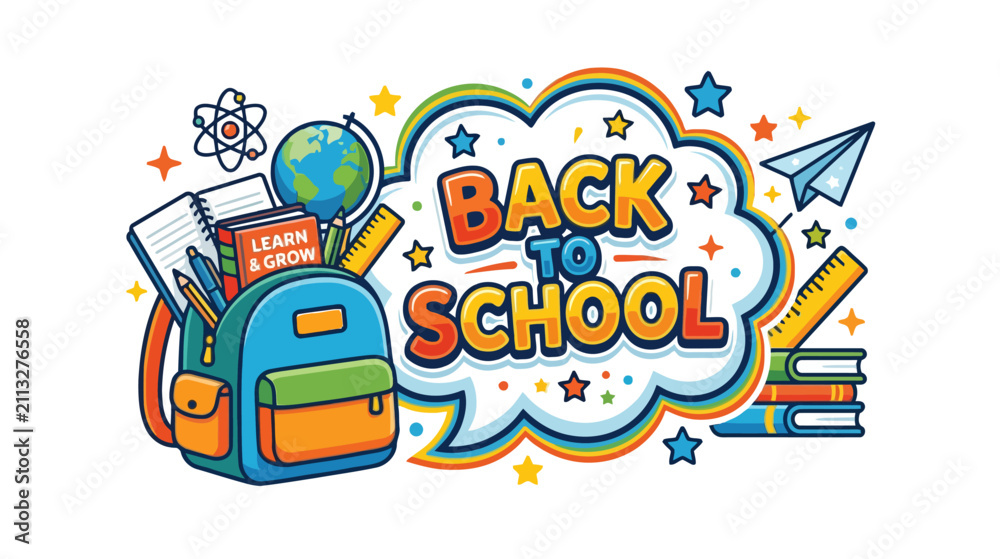 Fototapeta premium Back to School Backpack, Books, Globe, Ruler, Atom & Paper Airplane - Education Celebration