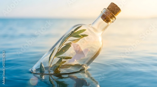 Message in a bottle with an origami paper bird and an olive branch floating on the calm sea at sunset, concept of peace and hope