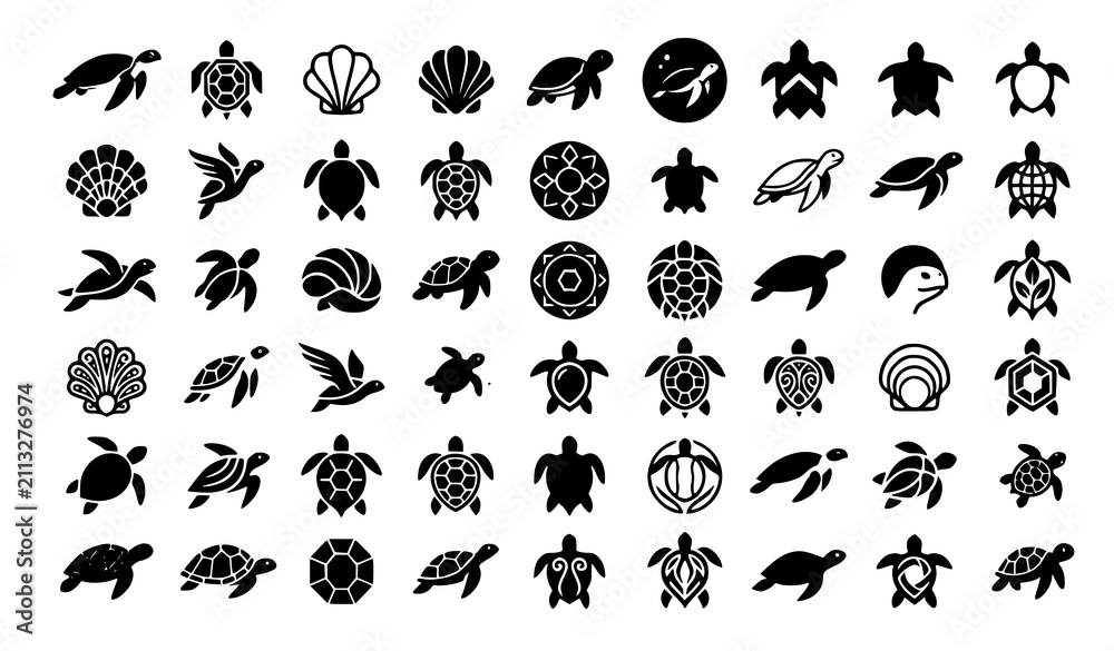 Obraz premium SEO Title: Minimal Marine Turtle Illustration Vector Pack with Simple Sea Animal Icons Isolated on Solid White Background