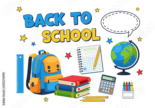 Back To School Supplies - Backpack, Books, Globe, Calculator, Crayon, Ruler