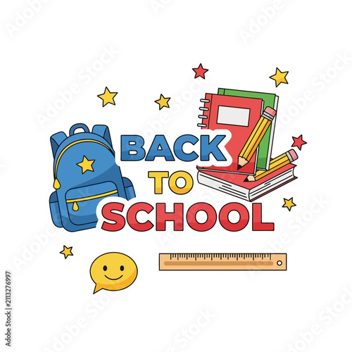 Back to School Supplies - Backpack, Books, Pencils, Ruler, Stars, Smile Icon