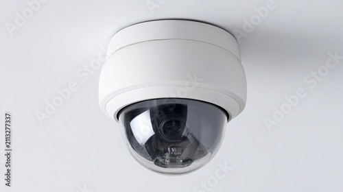 surveillance. Security camera mounted on a white ceiling corner in a corporate environment. product launch decks, UI/UX mockups, designed for product launches and innovation pitches.