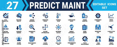 Set of twenty seven predictive maintenance icons for industrial technology data analysis and machine repair Minimal solid fill icon set bundle collection. Editable Vector Illustration Mega pack