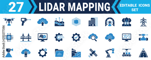 Set of twenty seven lidar mapping and scanning technology vector icons for surveying and digital data Minimal solid fill icon set bundle collection. Editable Vector Illustration Mega pack