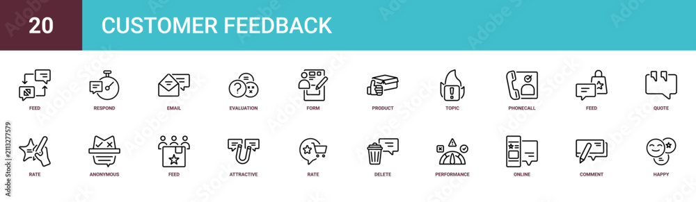 Fototapeta premium Set of 20 outline web Customer Feedback icons such as happy, comment, online, performance, delete, rate, attractive vector icons for report, presentation, diagram, web design, mobile app
