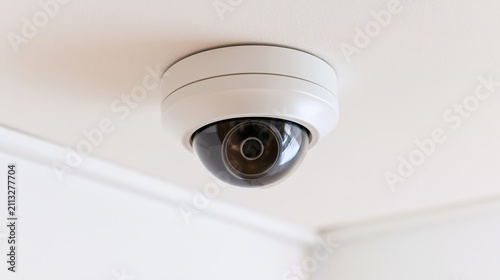 surveillance. Security camera mounted on a white ceiling corner in a corporate environment. product launch decks, UI/UX mockups, designed for product launches and innovation pitches.