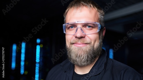 upper. Technical specialist in a data center, wearing safety goggles with blue server lights in the background. product launch decks.