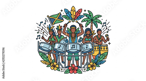 Foto Vibrant steel drum band performing tropical music.