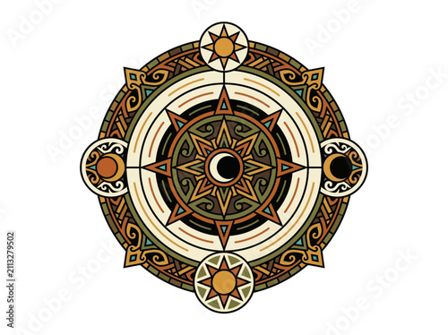 Celestial Compass Sun Moon Stars Ornamental Art