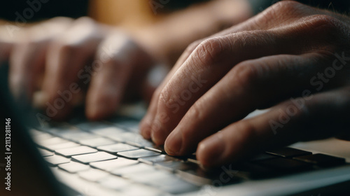 Macro shot of fingers typing rapidly on a computer keyboard with warm cinematic lighting and selective focus