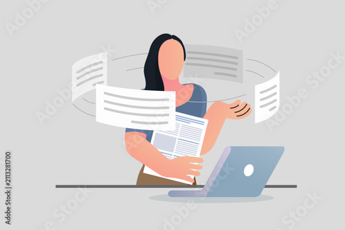 Woman holding paperwork with floating documents swirling around at laptop desk. Office document management system, multitasking workflow, information overload, and paperless concept.