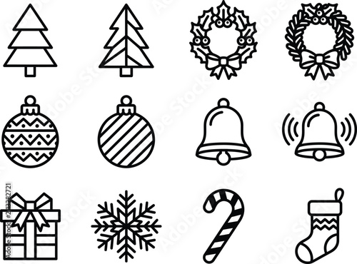 Set of 12 black and white line representing christmas symbols collection holiday
