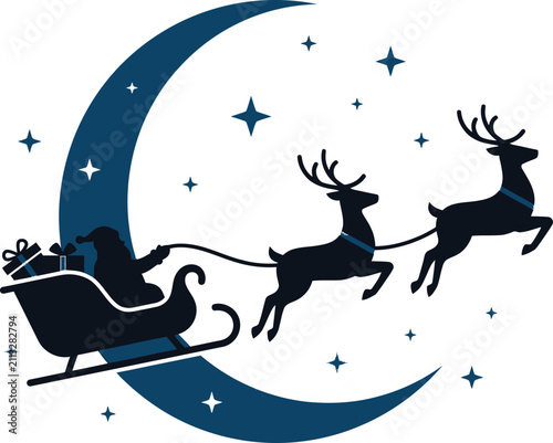 Silhouette of santa claus in a sleigh pulled by reindeer against a crescent moon and stars