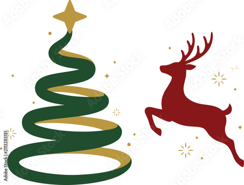 Stylized christmas tree with gold star and leaping reindeer, surrounded by gold accents