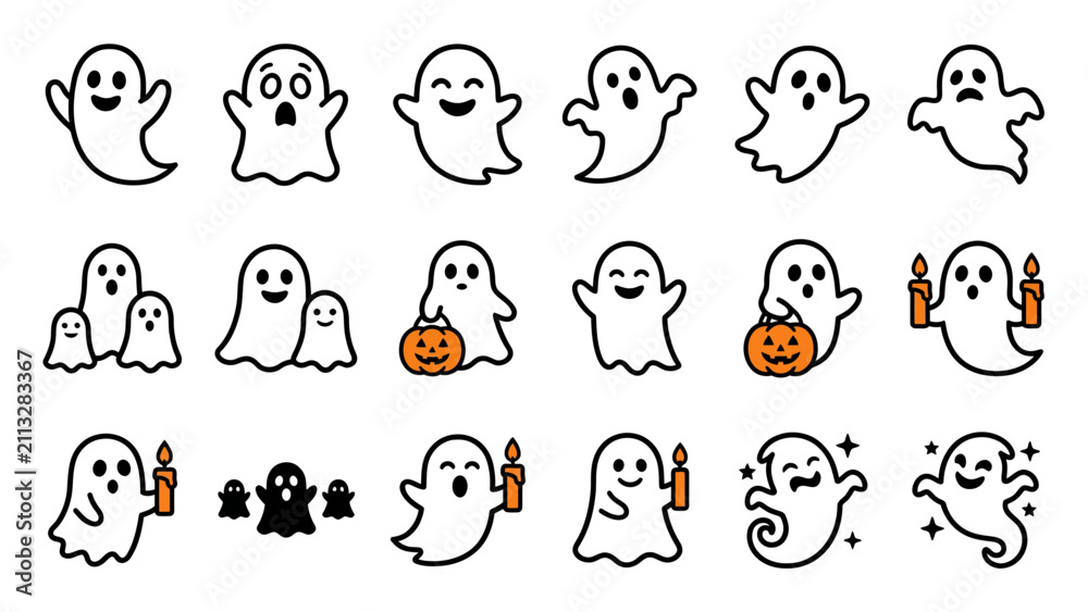 Fototapeta premium Cute ghost icons set for halloween celebration