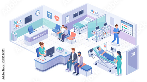 Modern hospital emergency room with medical staff and patients in a clinical setting