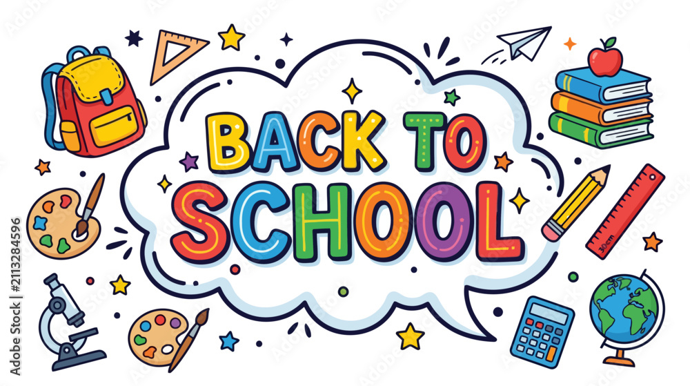 Obraz premium Colorful Back to School Supplies and Text in Speech Bubble