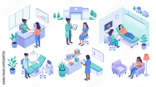 comprehensive medical consultation and patient care in a modern healthcare facility with various health professionals and