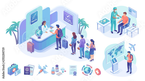 Modern travel and medical check-in process at an international airport with medical consultation and global connectivity features