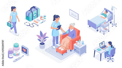 Modern healthcare scene illustrating patient care and medical staff interactions in a clinical setting with hospital equipment
