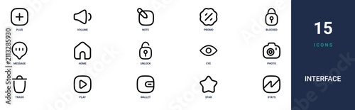 Set of 15 outline web Interface icons such as stats, star, wallet, play, trash, photo, eye vector icons for report, presentation, diagram, web design, mobile app