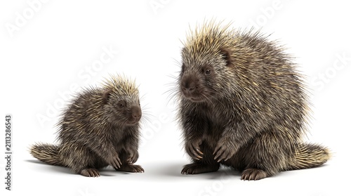 An adult North American porcupine standing next to its young baby isolated on white.