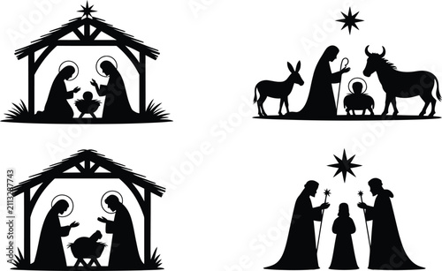 Bild auf Leinwand Christmas Nativity scene silhouette collection featuring Holy Family, manger, Be