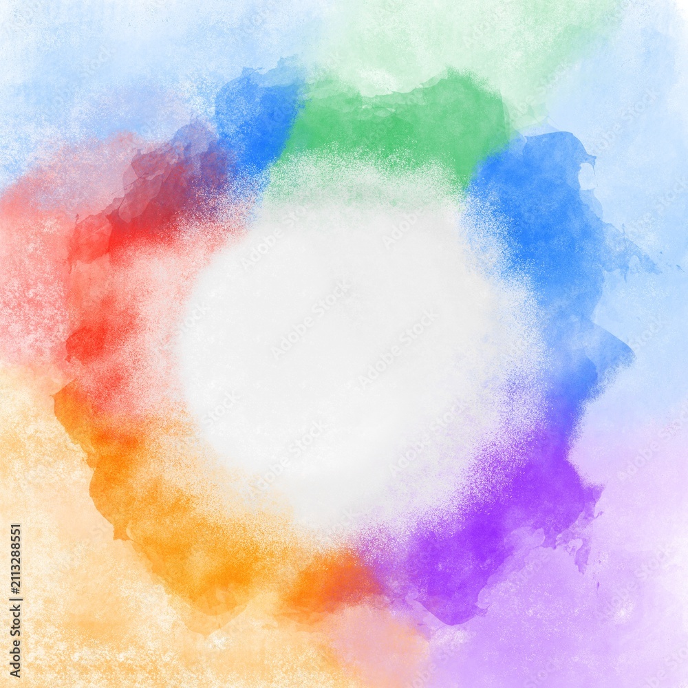 Fototapeta premium Vibrant circular watercolor texture featuring a bright white center surrounded by a beautiful rainbow of soft pastel paint splatters artistic