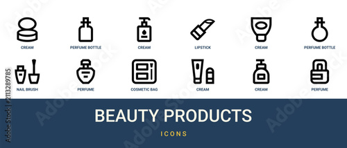 Set of 12 outline web Beauty Products icons such as perfume, cream, cream, cosmetic bag, perfume, nail brush, perfume bottle vector icons for report, presentation, diagram, web design, mobile app