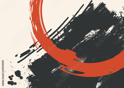 Abstract black brush strokes with ink splashes and distressed texture framing empty copy space, modern monochrome grunge vector background.