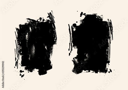 Abstract black brush strokes with ink splashes and distressed texture framing empty copy space, modern monochrome grunge vector background.