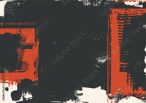 Abstract black brush strokes with ink splashes and distressed texture framing empty copy space, modern monochrome grunge vector background.