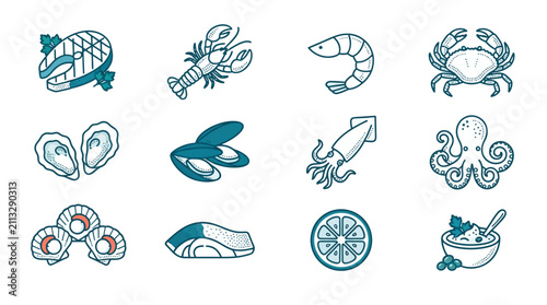 Foto Colorful Seafood and Marine Life Illustration Set.