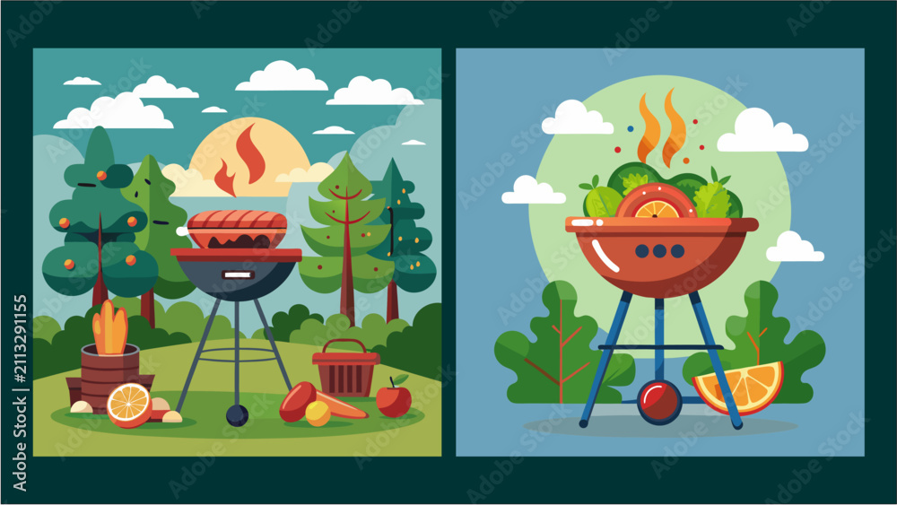 Fototapeta premium Barbecue Grill with Meat and Vegetables for Summer Party Vector Illustration