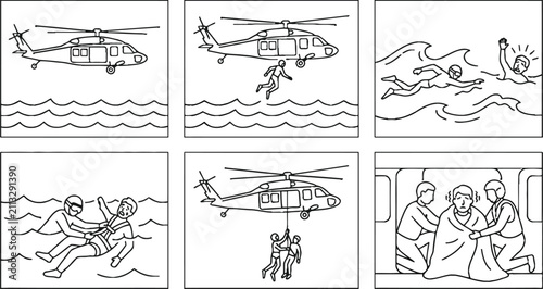 Bild auf Leinwand Sequential storyboard illustrating a helicopter sea rescue operation showing eme