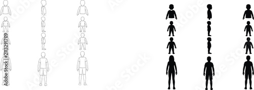 Fotografie Set of human body proportions and character silhouettes in outline and solid bla