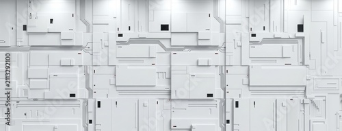 3D render of a futuristic white tech panel with geometric shapes, circuit lines and red indicators for modern data