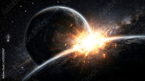 cataclysmic planetary collision with explosive energy illuminating space scene