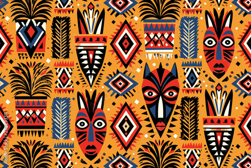 Vibrant Seamless African Tribal Pattern Featuring Stylized Masks, Geometric Shapes, and Abstract Nature Elements in Bold Colors on a Warm Orange Background, Perfect for Textile Design and