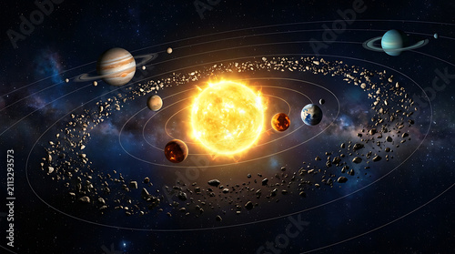 Illustration of the Solar System with the Sun and Planets in Orbit Displaying Asteroids and Space Environment with detailed