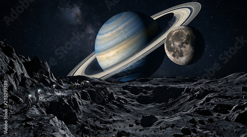 Surreal depiction of astronauts exploring a lunar landscape with an immense gas giant and its moon looming overhead creating an