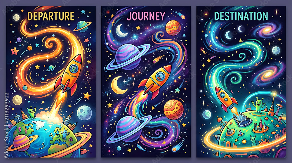 Naklejka premium Vibrant cosmic voyage trilogy depicting space travel themes with colorful rockets planets and celestial wonders in an