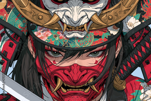 Fierce Japanese warrior with red demon mask, white Hannya mask on samurai helmet, piercing eyes, and intricate floral patterns. A mystical illustration of ancient martial arts culture.