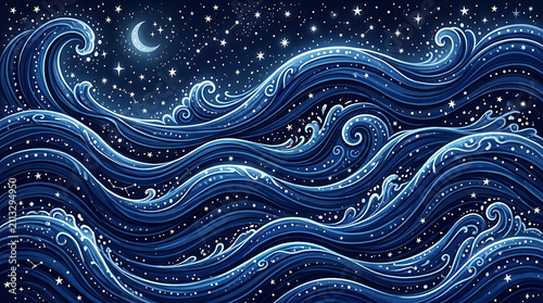 Abstract depiction of starry night sky with flowing ocean waves and crescent moon in deep blue hues